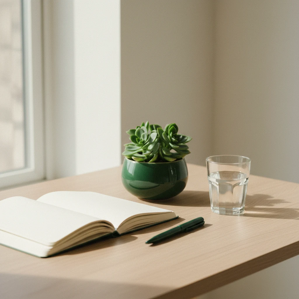 Rustige werkomgeving met een notitieboek, plant en een glas water op een helder bureau