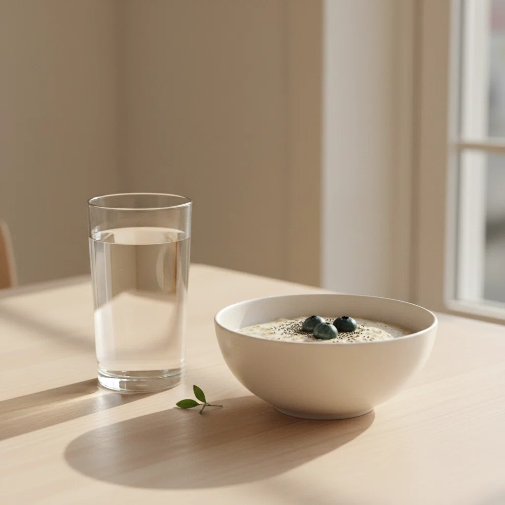 Glas water en een ontbijt op een lichte houten keukentafel in ochtendlicht
